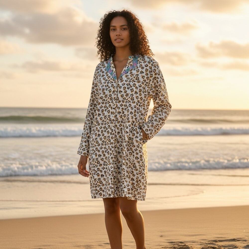 Lisa Corti Milano Mini Kurta Dress Leopard Print Cotton Couture Kaftan Sz M